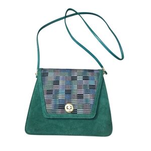 Vintage,  Rare, J. Renee  Emerald Green Suede Crossbody Woven Flap Purse